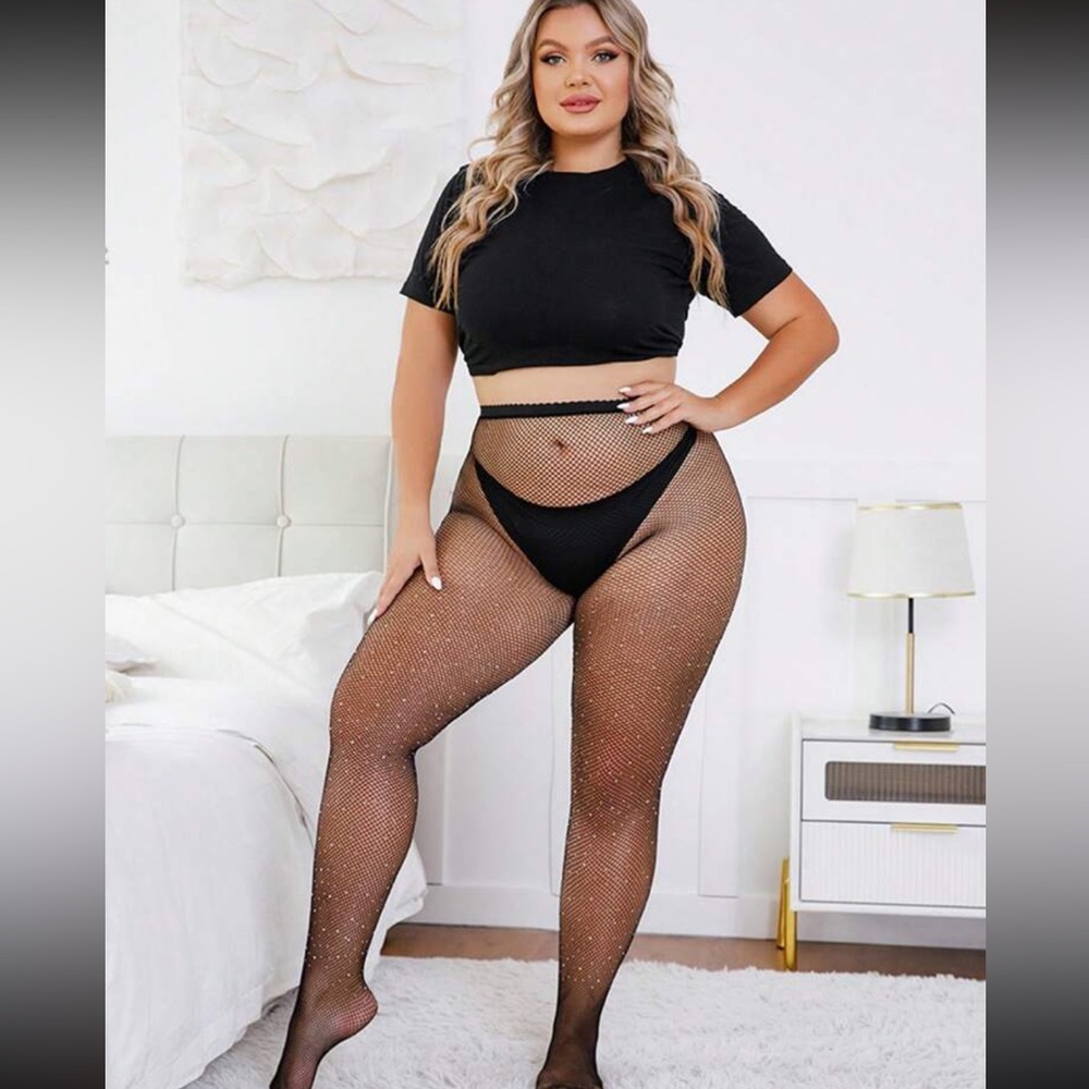 Women Plus Size Rhinestone Decor Fashionable Fishnet Tights For Daily Life